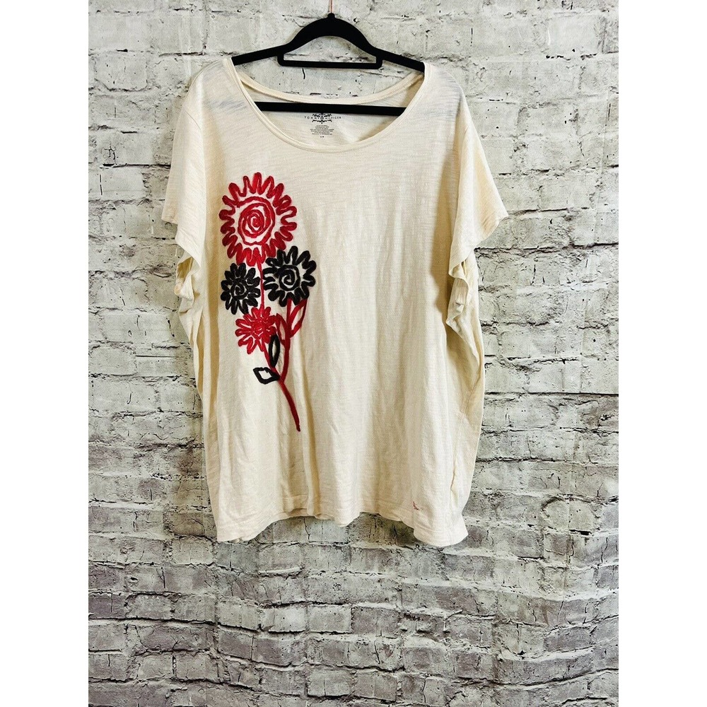 TOMMY HILFIGER PLUS Applique Ivory Red Brown Floral PLUS Tee Top Blouse SZ 3X